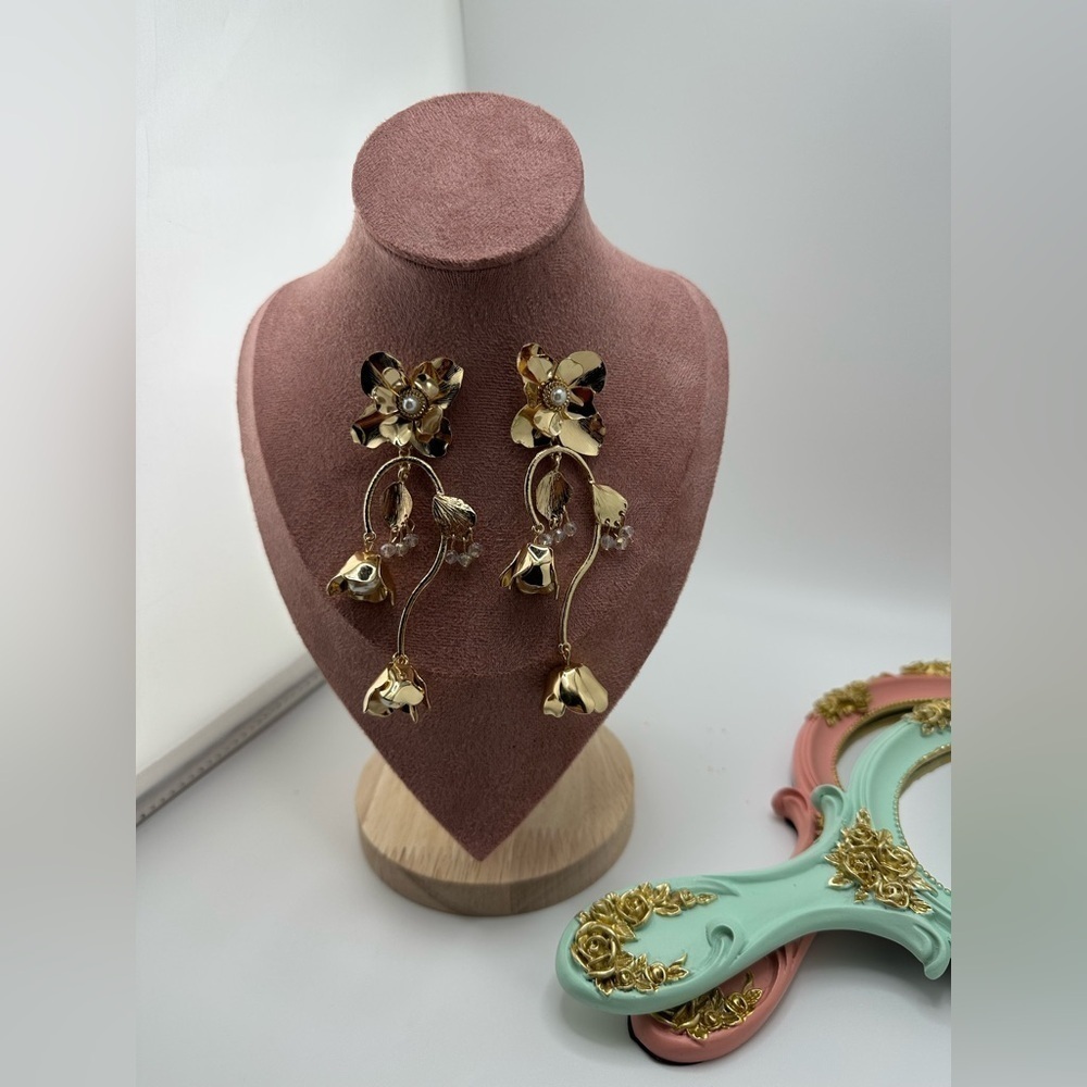 Gold Floral Drop Earrings - Picture 4 of 11
